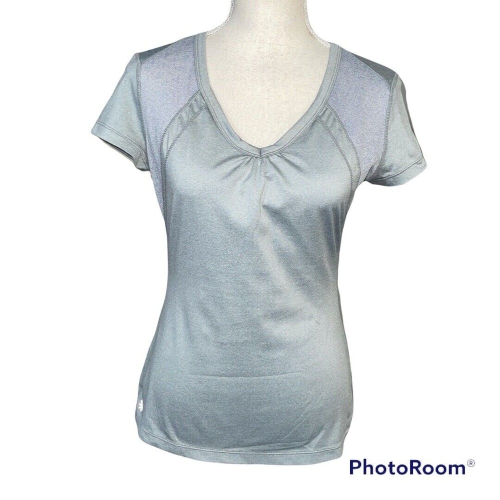 Athleta Velocity Tee V-Neck Short Sleeve Shirt Gray Teal Fitness XS Lace